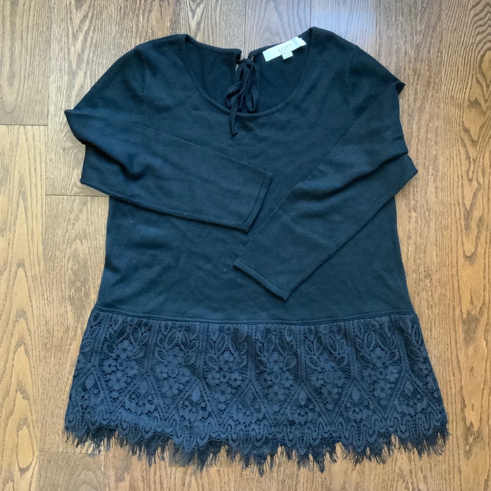 LOFT Black Sweater with Lace Detail and Bow on the back. Size M.